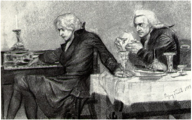 Рис. 1. М. Врубель. «Моцарт и Сальери». Сцена II. Сальери бросает яд в стакан Моцарта. 1884