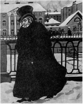 Рис. 2. Б.М. Кустодиев. Акакий Акакиевич в новой шинели. 1905